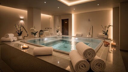 Luxurious spa pool with candles and towels in serene ambiance