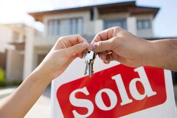 Hands exchanging house keys in front of a modern home with a 'Sold' sign, symbolizing real estate transaction and new home ownership.