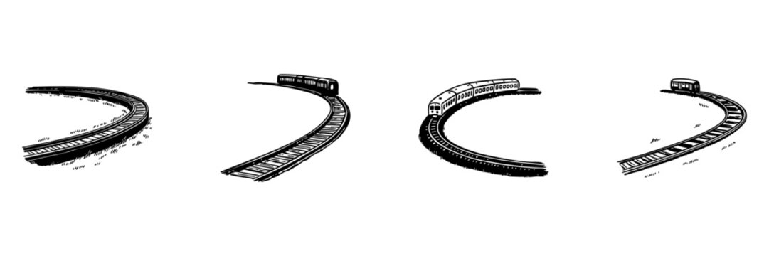 Curved Train Tracks And Trains Doodle Sketch Set. Transportation And Railway Journey In Hand Drawn Style Collection. Travel And Commuting Concept. Isolated Vector Illustration