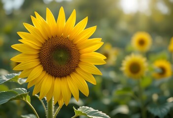 Obraz premium A beautiful bright yellow sunflower blooming in a sunny field during golden hour. real sunflower 