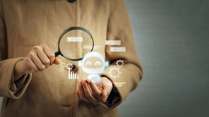 Business Person Using Magnifying Glass to Audit Artificial Intelligence Bot