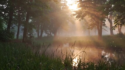 Magical pink forest fog, fireflies glowing moving slow motion, mystical enchanted woodland cinematic lighting, light rays mist sparkles, fairytale atmosphere, smooth drone camera movement, whimsical - Powered by Adobe