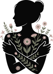 Solid Black Woman Hugging Herself with Flowers Growth and Healing Silhouette