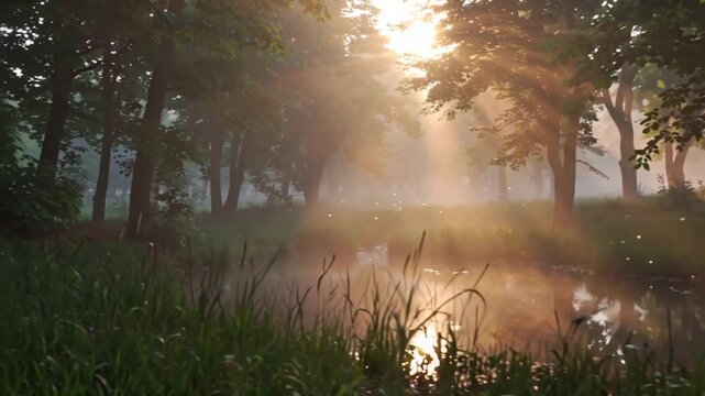 Magical pink forest fog, fireflies glowing moving slow motion, mystical enchanted woodland cinematic lighting, light rays mist sparkles, fairytale atmosphere, smooth drone camera movement, whimsical