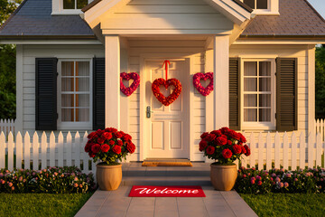 Charming home entrance adorned with heart wreaths and vibrant red roses, featuring a welcoming doormat and a white picket fence under warm evening light.