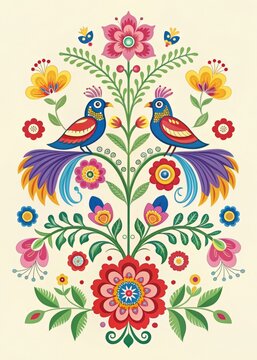 Polish wycinanki paper cut artwork featuring birds and flowers, symmetrical design on a light pastel yellow background