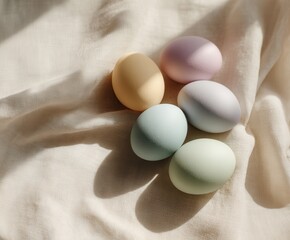 Pastel colored Easter eggs arranged on light linen fabric