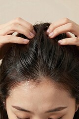 Fototapeta premium Woman performing scalp massage with fingers on her head Generative AI