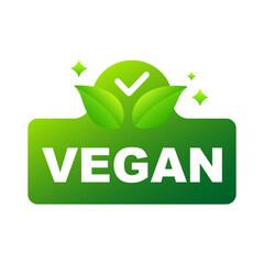 Vegan Product Label with Green Leaves and Check Mark, Plant Based Food Badge.Vector illustration
