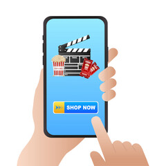 Booking movie tickets on smartphone with Buy button, online cinema booking. Vector illustration