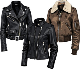 Create a kinds of deferent smart girl leathers jacket vector art with white background.