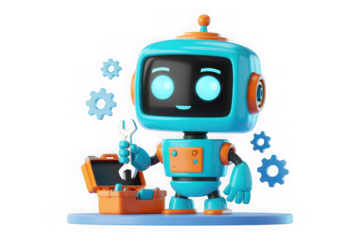  Cute robot fixing things with wrench and toolbox 3d render concept