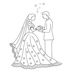 Fototapeta premium Silhouette of bride and groom outline icon. A loving couple silhouette vector for valentine's day. Man and woman, couple celebrates a wedding clipart vector illustration.