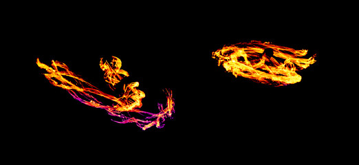 a long-exposure photograph of a fire performance, where a skilled performer spins flaming props like poi to create mesmerizing light trails and intricate patterns against the dark background