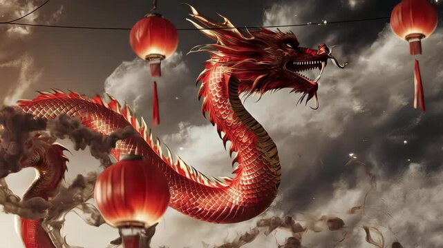 hinese New Year dragon animation with festive Imlek theme, red and gold colors, lanterns, fireworks, cartoon and cinematic styles for celebration videos