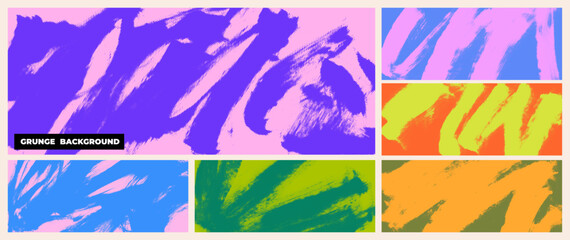 Colorful grainy grunge splashes and waves background collection. Bold curved, swirly brush strokes on colorful bg. Organic squiggle smears, rough texture brush stroke poster and punk banner.