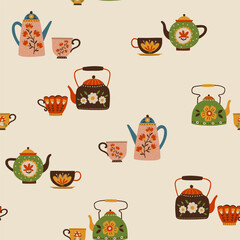 Seamless hand drawn pattern with decorative teapots, kettles and cups in warm earthy colors. Folk inspired tea illustration on light background for textiles, packaging, wallpaper and prints