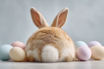 a rabbit lying fwith legs stretched backward and pastel painted easter eggs