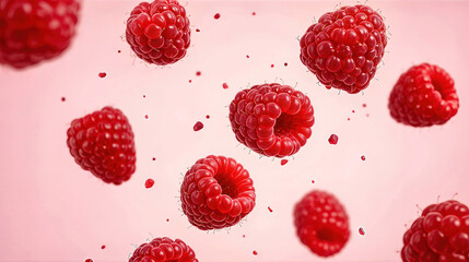 Floating Ripe Red Raspberries Against Soft Pink Gradient Background - Playful Fruit Motion Capturing Freshness, Joy, and Summer Abundance