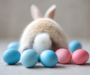 a rabbit lying fwith legs stretched backward and easter eggs