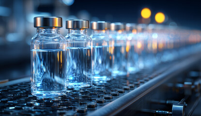 Line of transparent glass vials filled with clear liquid on an industrial production line, metallic caps, reflective surface, modern manufacturing environment