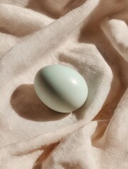 Single pastel Easter egg resting on folded white linen cloth, soft warm daylight