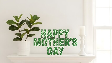 Happy mother's day wishes with green text and potted plant decor