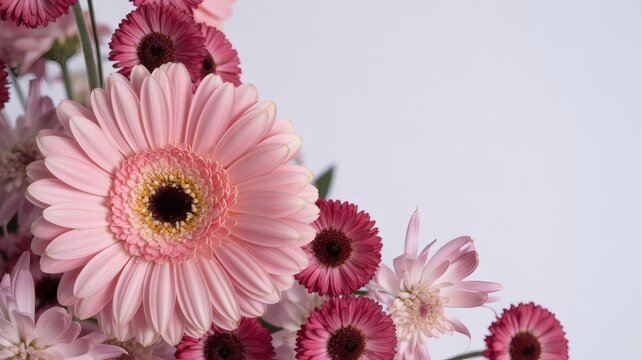 Elegant Bouquet of Pink Gerbera Daisies and Magenta Chrysanthemums in Close-Up Studio Shot: Luxurious Floral Border Design with Clean White Copy Space Background - Powered by Adobe