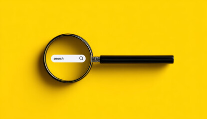 Magnifying glass with a black handle and silver rim focusing on a search bar with the word 'search' on a vibrant yellow background
