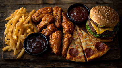 Flat lay of assorted fast foods and sauces, burgers, fries, wings, pizza slices arranged symmetrically on rustic wooden table, warm lighting, indulgent National Fast Food Day backg