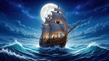 Majestic Nighttime Sailing Three-Masted Ship with Billowing White Sails Under Full Moon Amid Starry Sky and Choppy Ocean