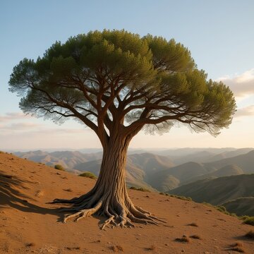 Grattage A lone ancient tree standing atop a barren rocky hill o