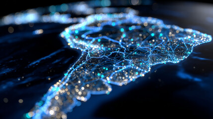 Abstract digital map of South America formed by glowing network lines and nodes, data streams flowing between major cities, neon blue and cyan palette, dark futuristic background,