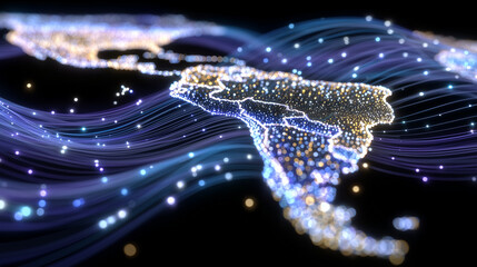 High-tech digital map of South America, glowing nodes representing financial hubs, flowing data streams and particle effects, abstract cyberspace background, concept of information