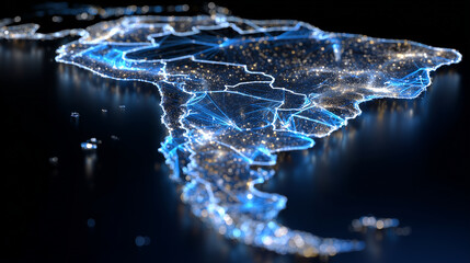Abstract digital map of South America formed by glowing network lines and nodes, data streams flowing between major cities, neon blue and cyan palette, dark futuristic background,
