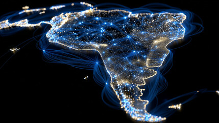 South America illustrated as a glowing digital network, flowing data streams and neon connection points, dark cyber background, modern business telecommunication and information ex
