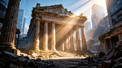 Ancient Greek-inspired Fantasy Temple Ruins Surrounded by Modern City Skyline, Light Beams, Crumbling Columns, Vines, and Contrasting Past and Future