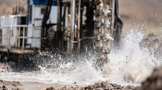 Close-up of powerful drilling rig extracting artesian water, soil crumbling and water emerging around drill shaft, metallic surfaces coated in mud, development and water supply inf