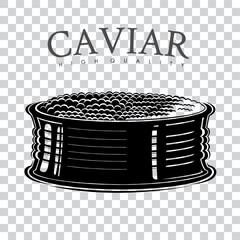 Open caviar tin with sturgeon roe. Monochrome vector Caviar logo or label on transparent background