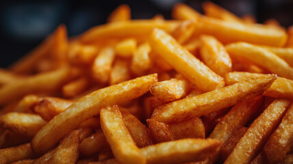 Macro food shot of crispy French fries, rich golden-yellow tones, crunchy texture highlighted, blurred background creating depth, unhealthy fast junk food aesthetic