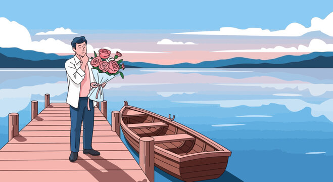 Young man holding a beautiful bouquet of flowers on a wooden pier.