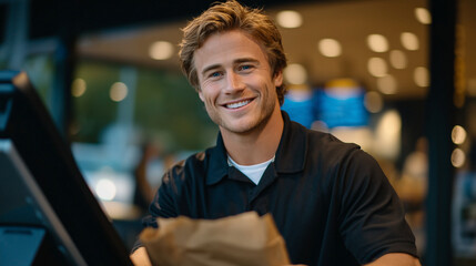 Cinematic close-up of drive-through window interaction, male employee smiling as he hands over a paper bag, reflections on car window, softly blurred restaurant background