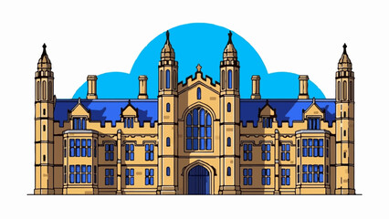 Ornate, Gothic-style tan building with a blue roof and tall spires, set against a bright sky