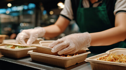 Cinematic detail shot of young womanâs hands closing takeaway containers, gloves slightly textured, clean counter and neutral tones, focus on food safety and contactless service du