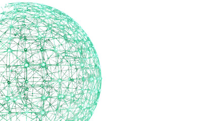 complex 3d render of an emerald green glowing ai neural mesh network structure on the left against a dark indigo void, cinematic lighting, vertical neon text 'global connectivity', concept of