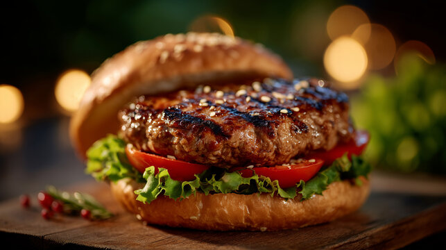 Cinematic macro shot of a grilled burger, sizzling beef patty, crisp lettuce and ripe tomato slices, glossy toasted bun, warm lighting enhancing rich colors and juicy textures, ind