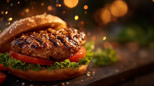 Cinematic macro shot of a grilled burger, sizzling beef patty, crisp lettuce and ripe tomato slices, glossy toasted bun, warm lighting enhancing rich colors and juicy textures, ind