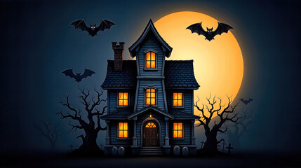 Haunted House Icon Set Featuring a Gray Gothic Manor, Bat Silhouette, Full Moon, Yellow Lit Windows, Twisted Bare Trees - Halloween Night Atmosphere