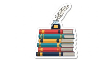 Stack of Classic Books with Quill Literary Academia Sticker Design