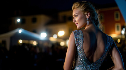 Young actress from behind in a shimmering high-fashion gown, Venice Film Festival red carpet, bright camera flashes, elegant posture, dramatic lighting emphasizing glamour and luxu